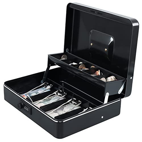 xydled Cash Box with Money Tray and Combination Lock,Tiered, Cantilever Design,4 Bill / 5 Coin Slots,11.8" x 9.5" x 3.5",Black - Image 1