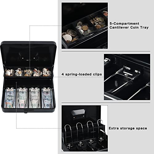 xydled Cash Box with Money Tray and Combination Lock,Tiered, Cantilever Design,4 Bill / 5 Coin Slots,11.8" x 9.5" x 3.5",Black - Image 4