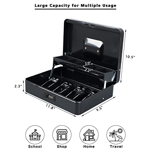xydled Cash Box with Money Tray and Combination Lock,Tiered, Cantilever Design,4 Bill / 5 Coin Slots,11.8" x 9.5" x 3.5",Black - Image 5