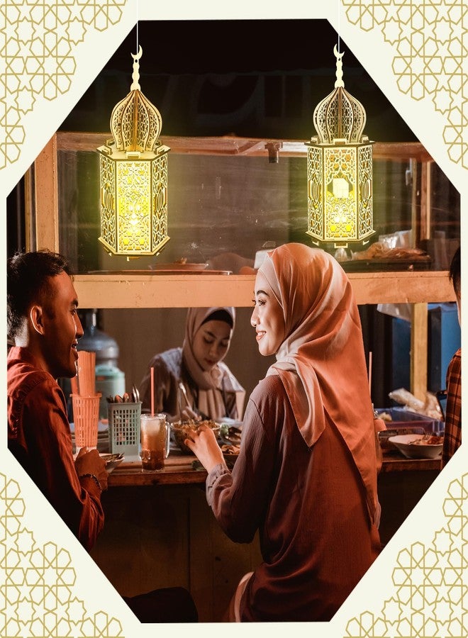 Rossesay 9 Pcs Eid Muslim Wooden Lights Moon Star Hollow Eid Plaque and LED Tea Lights Set Hanging Wooden Lantern Night Light Lantern Crafts Ornaments for Ramadan Eid Mubarak Decorations Party Decor - Image 5