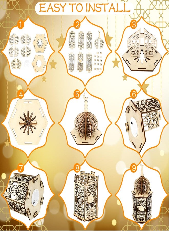 Rossesay 9 Pcs Eid Muslim Wooden Lights Moon Star Hollow Eid Plaque and LED Tea Lights Set Hanging Wooden Lantern Night Light Lantern Crafts Ornaments for Ramadan Eid Mubarak Decorations Party Decor - Image 3