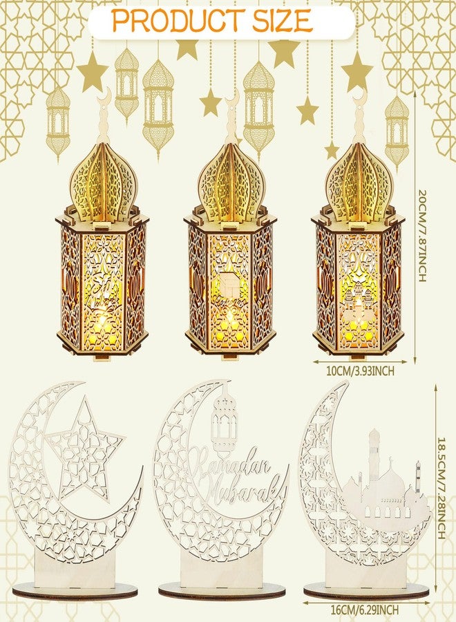 Rossesay 9 Pcs Eid Muslim Wooden Lights Moon Star Hollow Eid Plaque and LED Tea Lights Set Hanging Wooden Lantern Night Light Lantern Crafts Ornaments for Ramadan Eid Mubarak Decorations Party Decor - Image 2