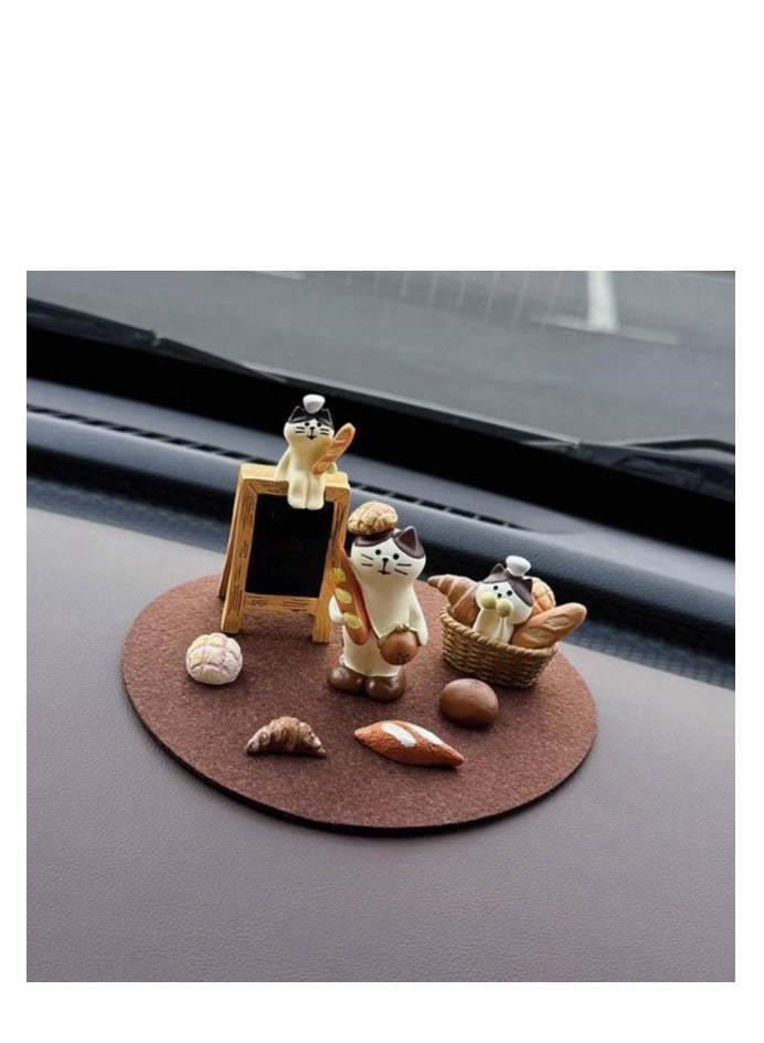 Bread Cat Set 5-Piece - Car Interior Decoration Ornament Ornament - Cute Ornament of Healing Series in Car Center Console - (Using Stick Cat+Shop Cat+Bread Basket+Mini Bread+Brown Round Pad) - Image 1