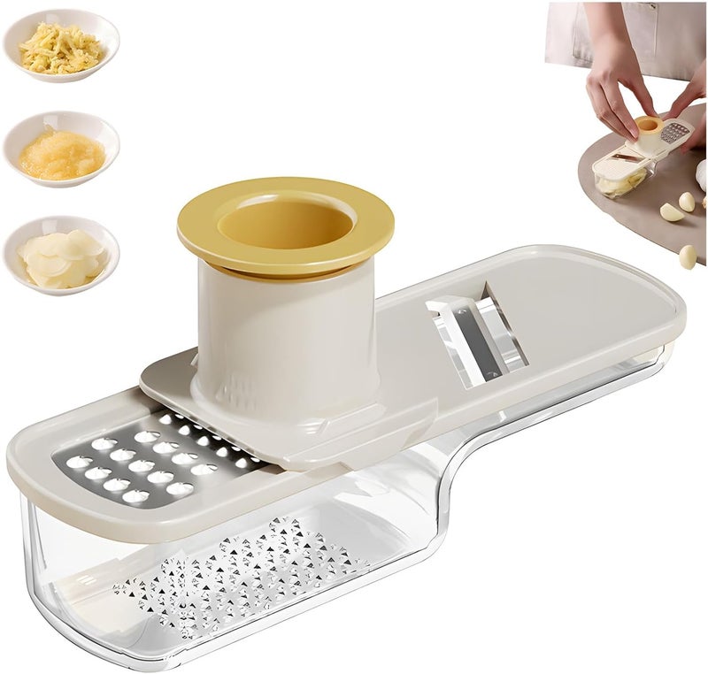 KASTWAVE Garlic Chopper and Mincer, Manual 3-in-1, Mini Portable Vegetable Cutter for Onion, Chili, Ginger, Herbs & Spices – Handheld Slicer with Container, Easy to Clean Kitchen Tool (Beige) - Image 1