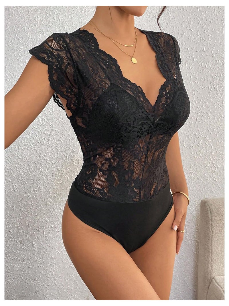 MakeMeChic Women's Lace Bodysuit Date Night Romper Deep V Neck Lace Tops Bodysuit Lace Black Medium - Image 4