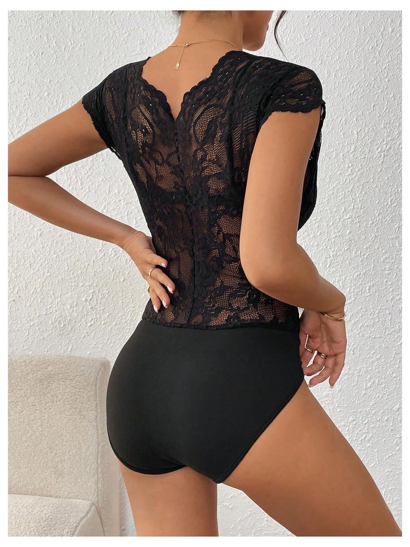 MakeMeChic Women's Lace Bodysuit Date Night Romper Deep V Neck Lace Tops Bodysuit Lace Black Medium - Image 3