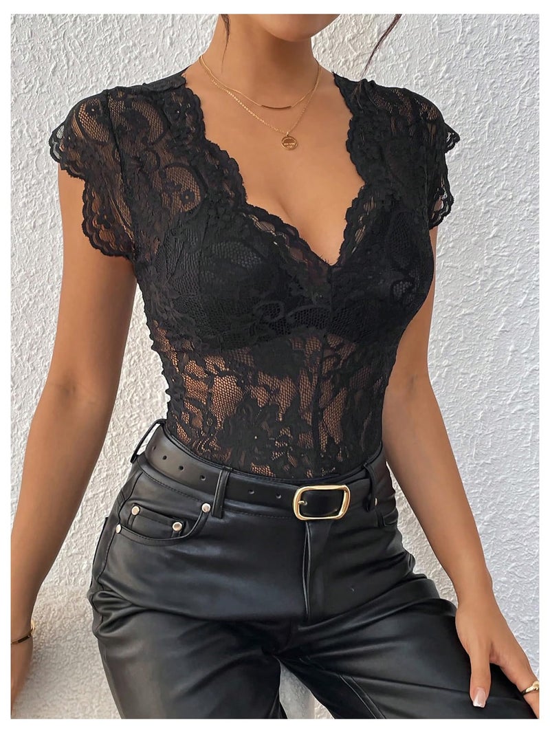 MakeMeChic Women's Lace Bodysuit Date Night Romper Deep V Neck Lace Tops Bodysuit Lace Black Medium - Image 2