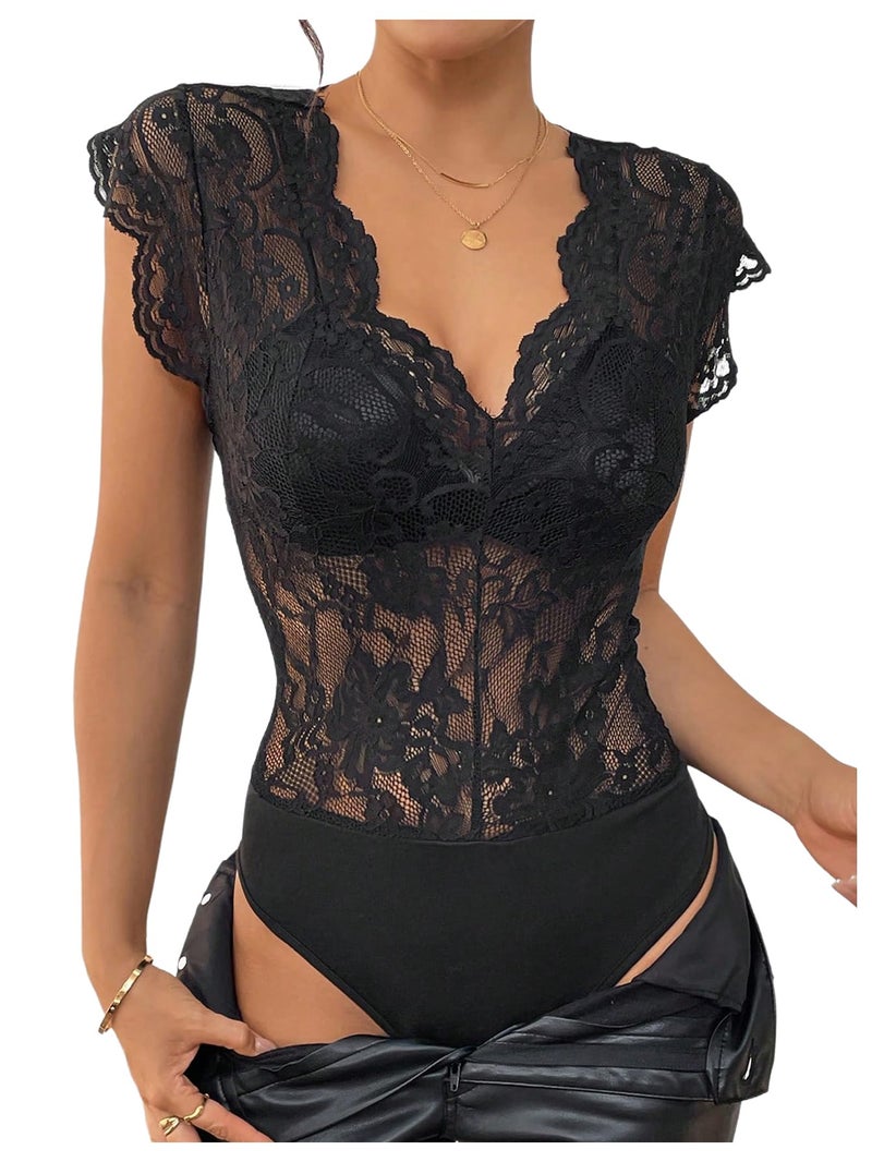MakeMeChic Women's Lace Bodysuit Date Night Romper Deep V Neck Lace Tops Bodysuit Lace Black Medium - Image 1