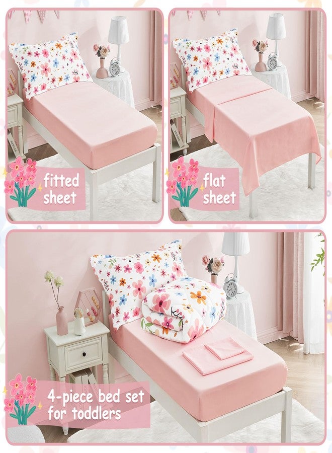 Cozyholy 4 Piece Colorful Floral Toddler Bedding Set Cute Girls Toddler Comforter Set Leaves Print Bed Sheets Set Crib Bedding Set Bed in a Bag, Include Comforter, Flat Sheet, Fitted Sheet, Pillowcase - Image 5