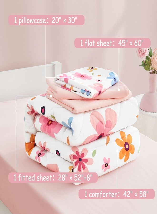 Cozyholy 4 Piece Colorful Floral Toddler Bedding Set Cute Girls Toddler Comforter Set Leaves Print Bed Sheets Set Crib Bedding Set Bed in a Bag, Include Comforter, Flat Sheet, Fitted Sheet, Pillowcase - Image 3