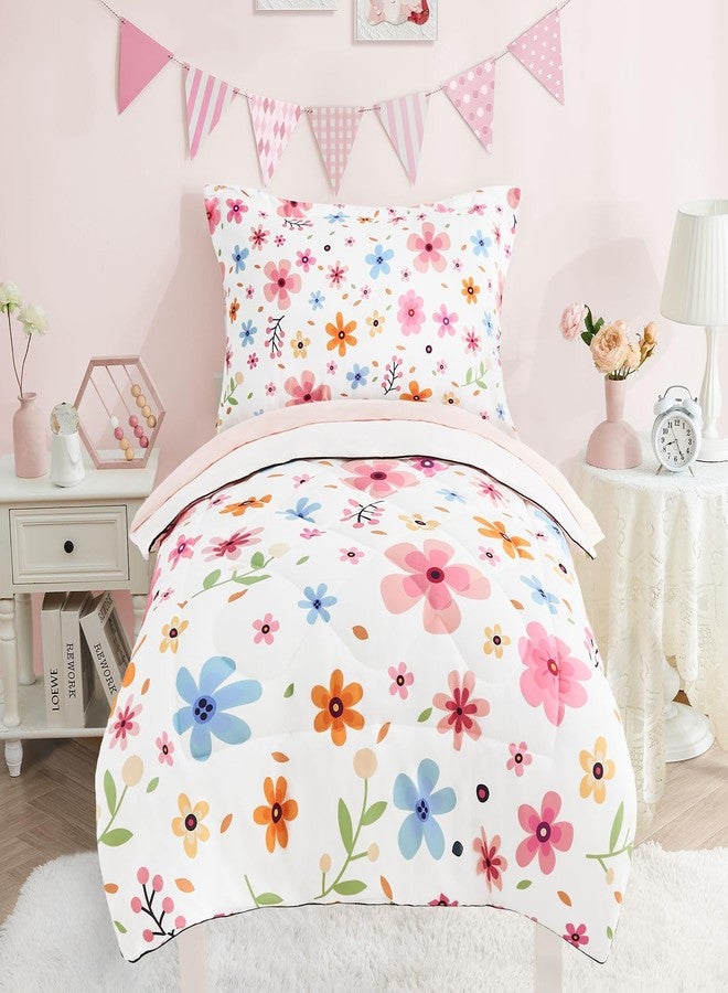 Cozyholy 4 Piece Colorful Floral Toddler Bedding Set Cute Girls Toddler Comforter Set Leaves Print Bed Sheets Set Crib Bedding Set Bed in a Bag, Include Comforter, Flat Sheet, Fitted Sheet, Pillowcase - Image 1
