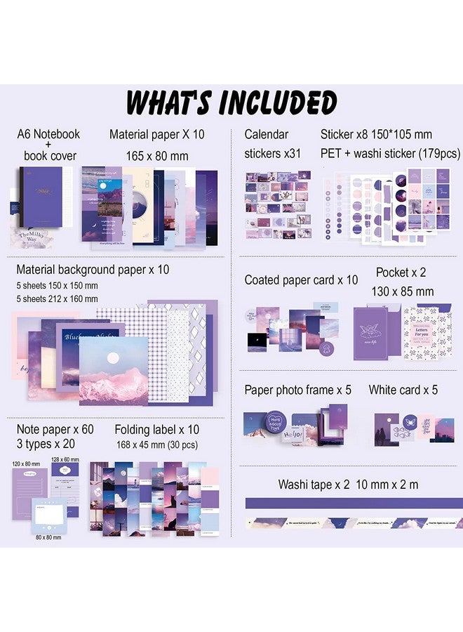 MGNLR Vintage Aesthetic Scrapbook Kit(346Pcs) Scrapbooking Supplies Kit with Bullet Junk Journal,Stationery,A6 Grid Notebook Journaling Gift for Girl (Purple Scrapbook) - Image 2