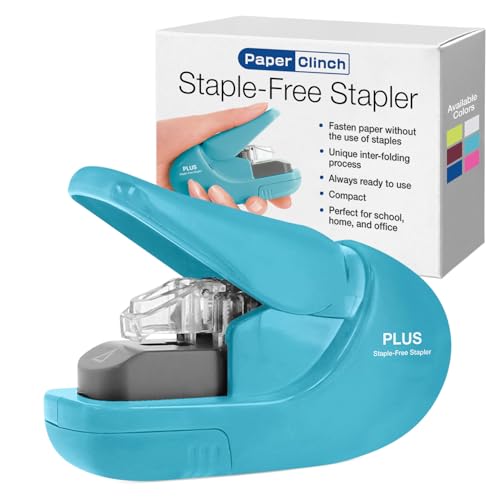 Plus Paper Clinch Compact Staple-Free Stapler, Blue Turquoise - Image 1