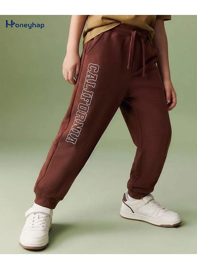 Honeyhap Honeyhap Premium 100% Cotton Terry Knit Full Length Text Printed Cut & Sew Lounge Pant With Applique - Brown