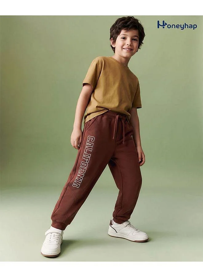 Honeyhap Honeyhap Premium 100% Cotton Terry Knit Full Length Text Printed Cut & Sew Lounge Pant With Applique - Brown