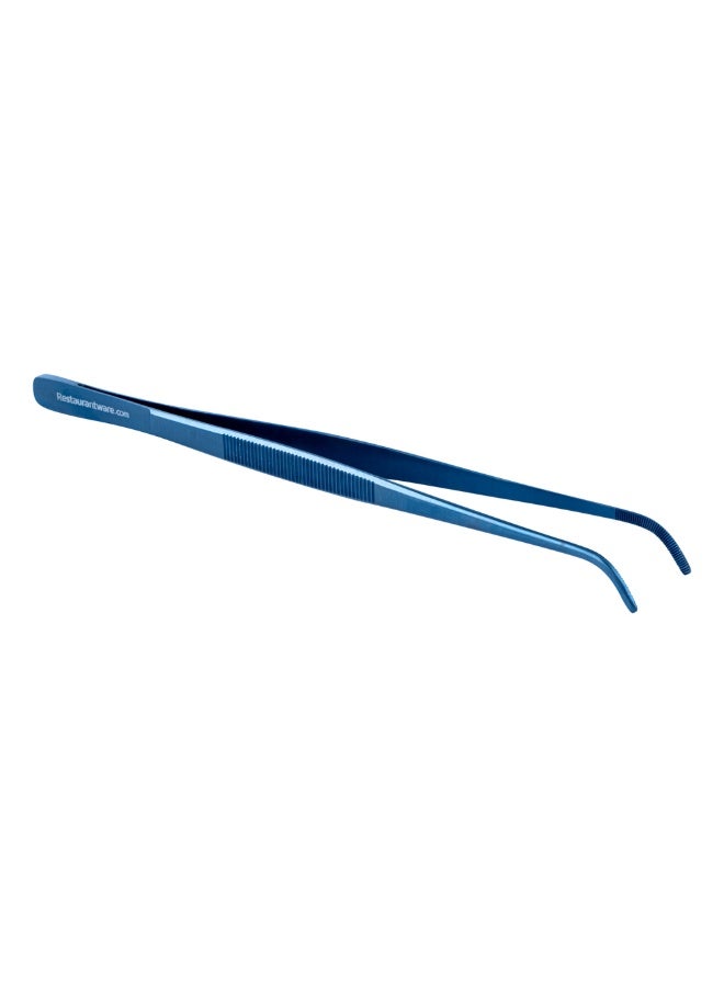 Restaurantware Perfect Point 9.4 Inch Curved Tweezers, 1 Short Slant Nose Food Tweezers - Serrated Tips For Precision, For Garnishing, Plating, Or Decorating, Blue Stainless Steel Kitchen Tweezers  - Image 1