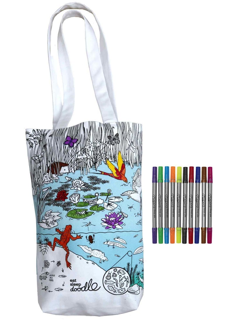 eatsleepdoodle Pond Life Coloring Tote Bag – Washable & Reusable, with 10 Markers, Creative & Eco-Friendly Fun  - Image 1