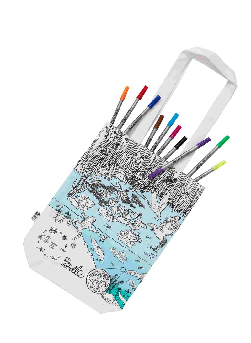 eatsleepdoodle Pond Life Coloring Tote Bag – Washable & Reusable, with 10 Markers, Creative & Eco-Friendly Fun  - Image 3