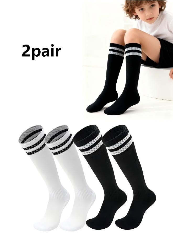زوجان من الجوارب الرياضية المخططة طويلة الأنبوب غير القابلة للانزلاق لفصل الخريف والشتاء، مقاسات الأطفال من 30 إلى 37 (أسود + أبيض) - Image 1