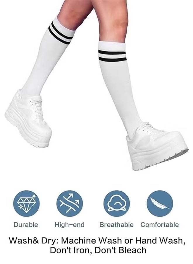 زوجان من الجوارب الرياضية المخططة طويلة الأنبوب غير القابلة للانزلاق لفصل الخريف والشتاء، مقاسات الأطفال من 30 إلى 37 (أسود + أبيض) - Image 2