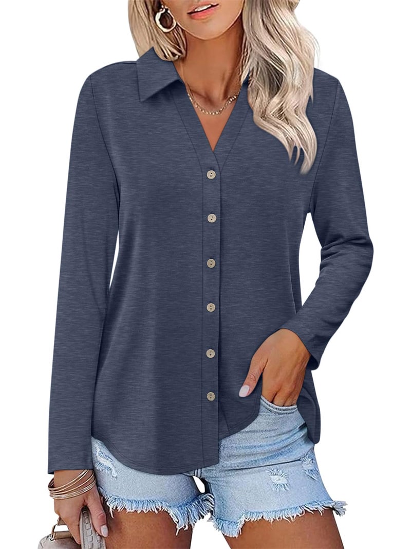 TICTICMISS Womens Long Sleeve Tops Button Down Shirts Dressy Casual Fall Tops Trendy Tunic Tops Navy - Image 1