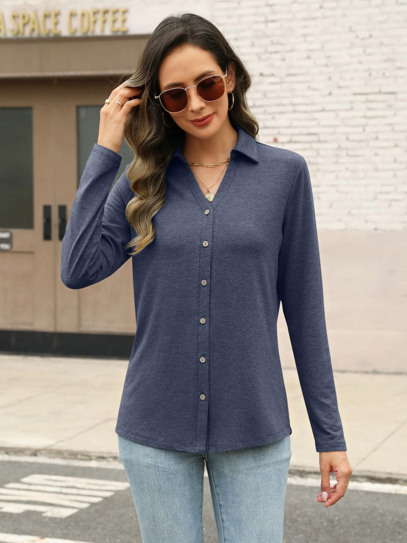 TICTICMISS Womens Long Sleeve Tops Button Down Shirts Dressy Casual Fall Tops Trendy Tunic Tops Navy - Image 2