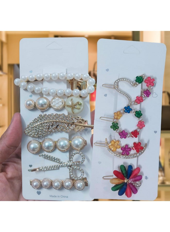 JPV Premium Korean Style Pearl Metal Hair clips | Rhinestones Plastic Pearl Barrettes Flower Lock Pin Hair Accessories for Women & Girls (10 Pcs, Multicolor) - Image 1