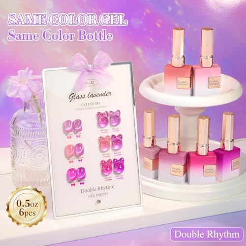 Double Rhythm Cat Eye Gel Nail Polish Set of 6 Same Color Same Bottle 05 Oz Shimmer Glitter with Magnet Holographic Reflective Magnetic UV Polish Kit at Home Glass Purple Lavender T647 - Image 3