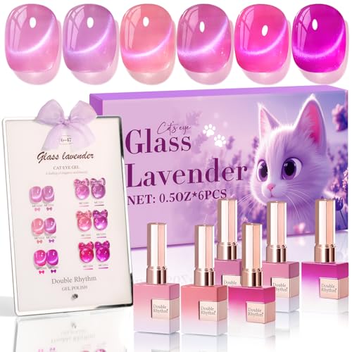 Double Rhythm Cat Eye Gel Nail Polish Set of 6 Same Color Same Bottle 05 Oz Shimmer Glitter with Magnet Holographic Reflective Magnetic UV Polish Kit at Home Glass Purple Lavender T647 - Image 1