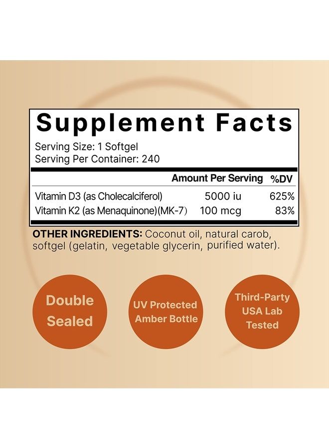 NatureBell Vitamin D3 K2 (MK7) with Virgin Coconut Oil, 240 Softgels, 5000 IU & K2 MK7 100mcg, 2 in 1 Support, Duo-Ack | 8 Months Supply | Third Party Tested, Non GMO & No Gluten - Image 3