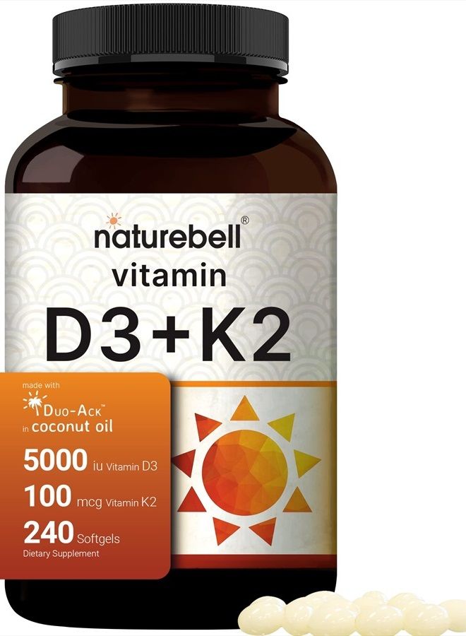 NatureBell Vitamin D3 K2 (MK7) with Virgin Coconut Oil, 240 Softgels, 5000 IU & K2 MK7 100mcg, 2 in 1 Support, Duo-Ack | 8 Months Supply | Third Party Tested, Non GMO & No Gluten - Image 1