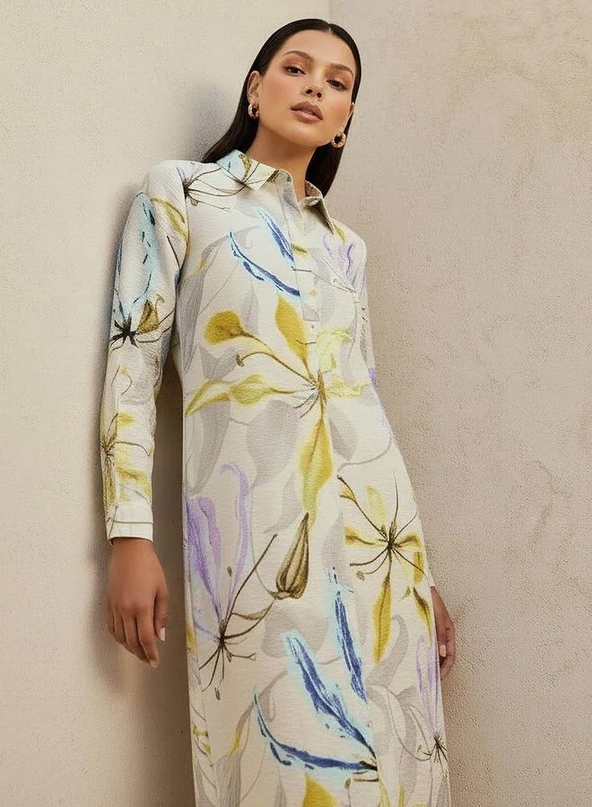 ايكونيك Iconic Trapeze Midi Dress with Floral Print