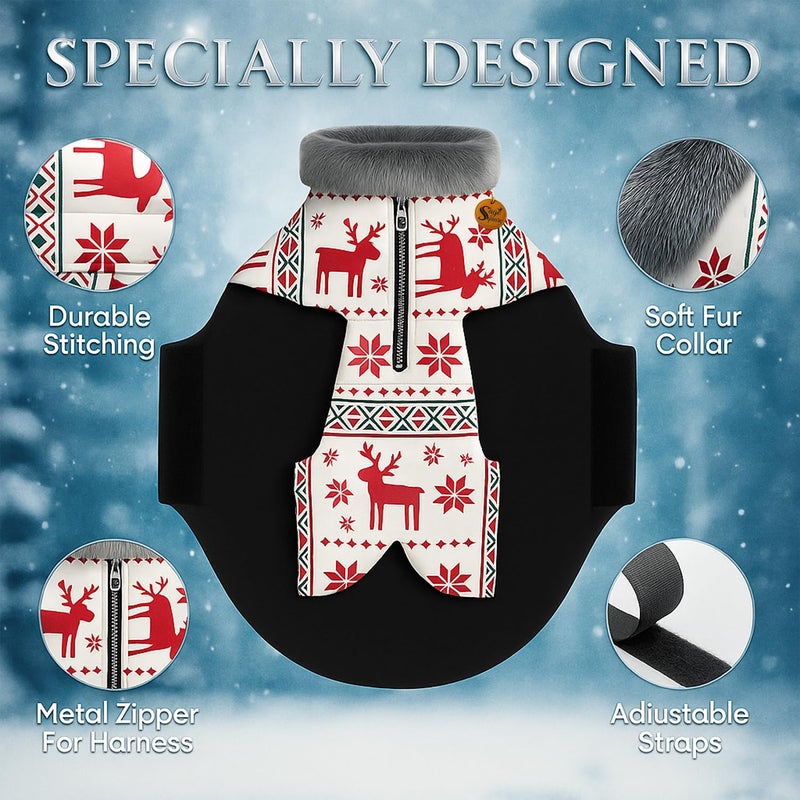 Sage Square Dog Deer Print Winter Coat with Soft Fur Collar | Cold Weather Windproof Jacket | Stylish Warm Dog Outfit | Adjustable Strap & Cozy Inner Lining | Comfortable Fabric (XLarge - 28inc) - Image 3