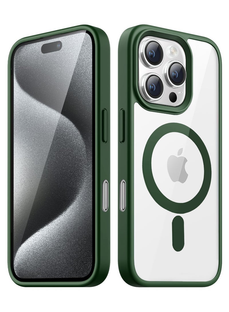 جراب مغناطيسي لهاتف iPhone 16 Pro مقاس 6.3 بوصة متوافق مع MagSafe، غطاء ممتص للصدمات للهاتف، إطار TPU غير لامع بلون سادة، ظهر شفاف مضاد للخدش (أخضر)