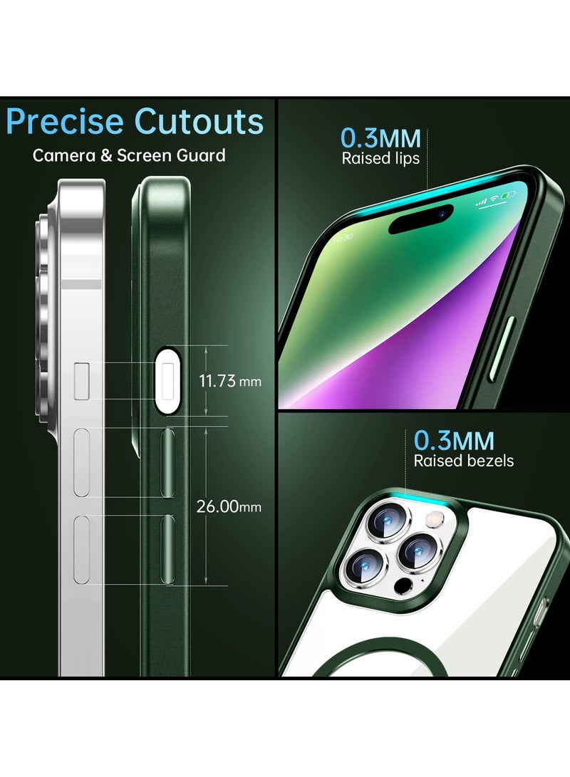 جراب مغناطيسي لهاتف iPhone 16 Pro مقاس 6.3 بوصة متوافق مع MagSafe، غطاء ممتص للصدمات للهاتف، إطار TPU غير لامع بلون سادة، ظهر شفاف مضاد للخدش (أخضر)