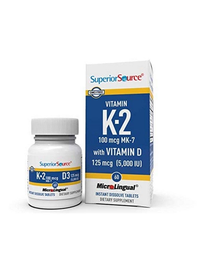 Superior Source K2 (Mk7) 100 Mcg With D3 (5000 Iu) Supplement Quick Dissolve Sublingual Tablets 60 Count Strengthen Bones Cardiovascular & Immune System Support Joint Health Nongmo - Image 1