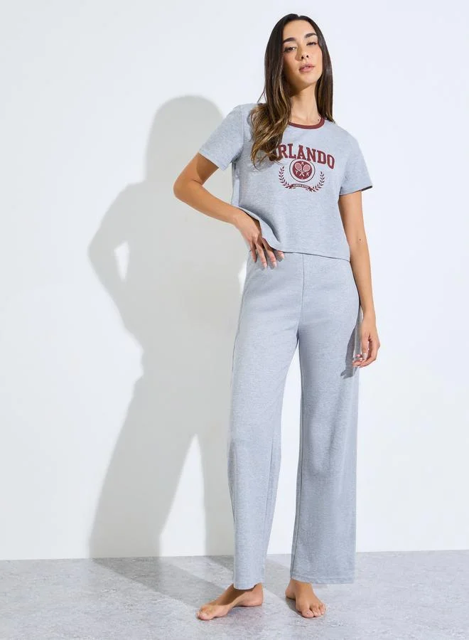 Styli Grey Graphic Print T-Shirt and Pyjama Set
