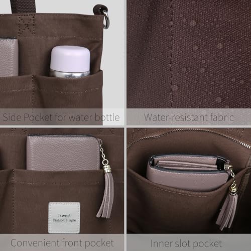 Iswee Canvas Tote Bag with Zipper Multi Pockets Tote Purse for Women Fashion Crossbody Tote Shoulder Bag Handbag Everyday Bag(Coffee) - Image 4