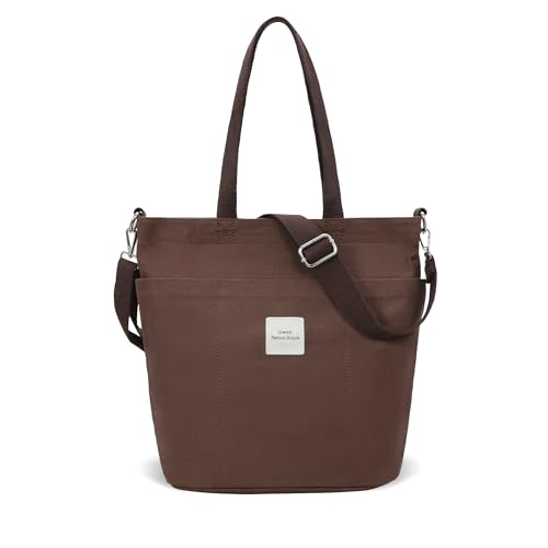 Iswee Canvas Tote Bag with Zipper Multi Pockets Tote Purse for Women Fashion Crossbody Tote Shoulder Bag Handbag Everyday Bag(Coffee) - Image 1