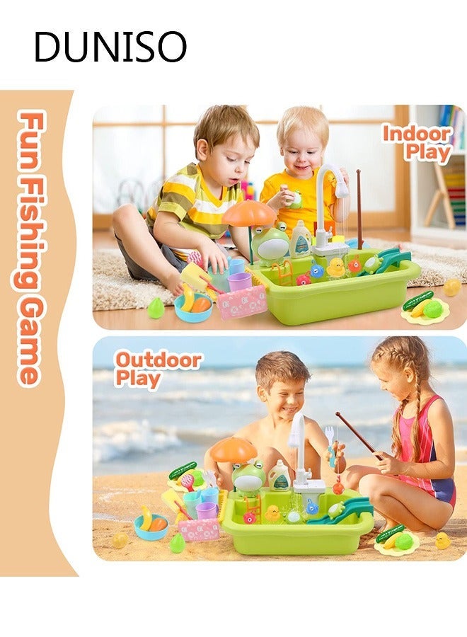 Pretend Play Kitchen Sink Toys Kids Sink Toys with Running Water and Upgraded Electric Faucet, Play Kitchen Toy Accessories, Pool Floating Fishing Toys for Water Play, Kids Role Play Dishwasher Toy - Image 3
