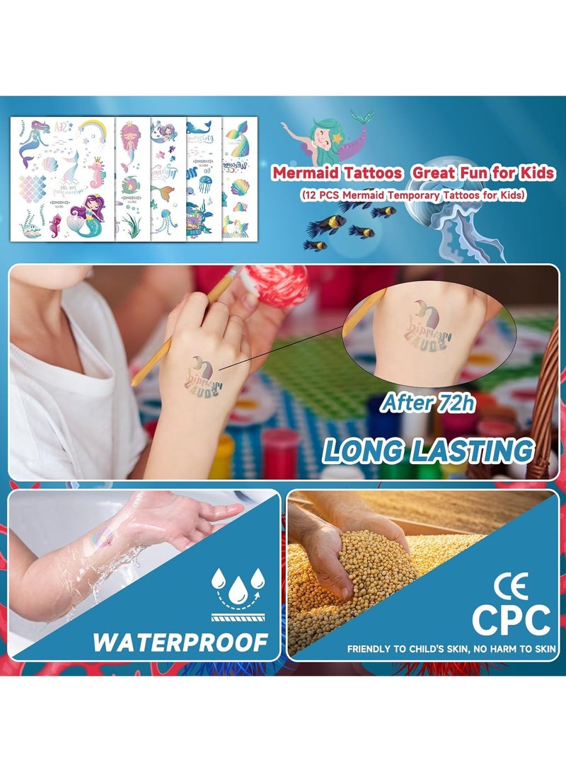 قوس قزح أورينبو 12 ورقة 130+ أنماط لوازم حفلات حورية البحر وشم لامع معدني وشم مؤقت للفتيات وديكورات أعياد الميلاد على شكل حورية البحر وهدايا حفلات المحيط والألعاب والإكسسوارات - Image 4