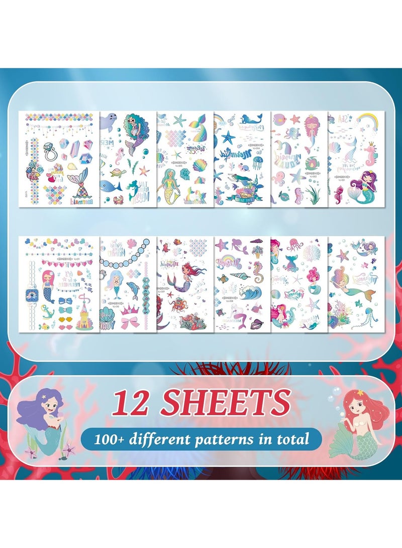 قوس قزح أورينبو 12 ورقة 130+ أنماط لوازم حفلات حورية البحر وشم لامع معدني وشم مؤقت للفتيات وديكورات أعياد الميلاد على شكل حورية البحر وهدايا حفلات المحيط والألعاب والإكسسوارات - Image 2