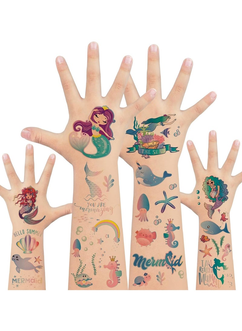 قوس قزح أورينبو 12 ورقة 130+ أنماط لوازم حفلات حورية البحر وشم لامع معدني وشم مؤقت للفتيات وديكورات أعياد الميلاد على شكل حورية البحر وهدايا حفلات المحيط والألعاب والإكسسوارات - Image 1