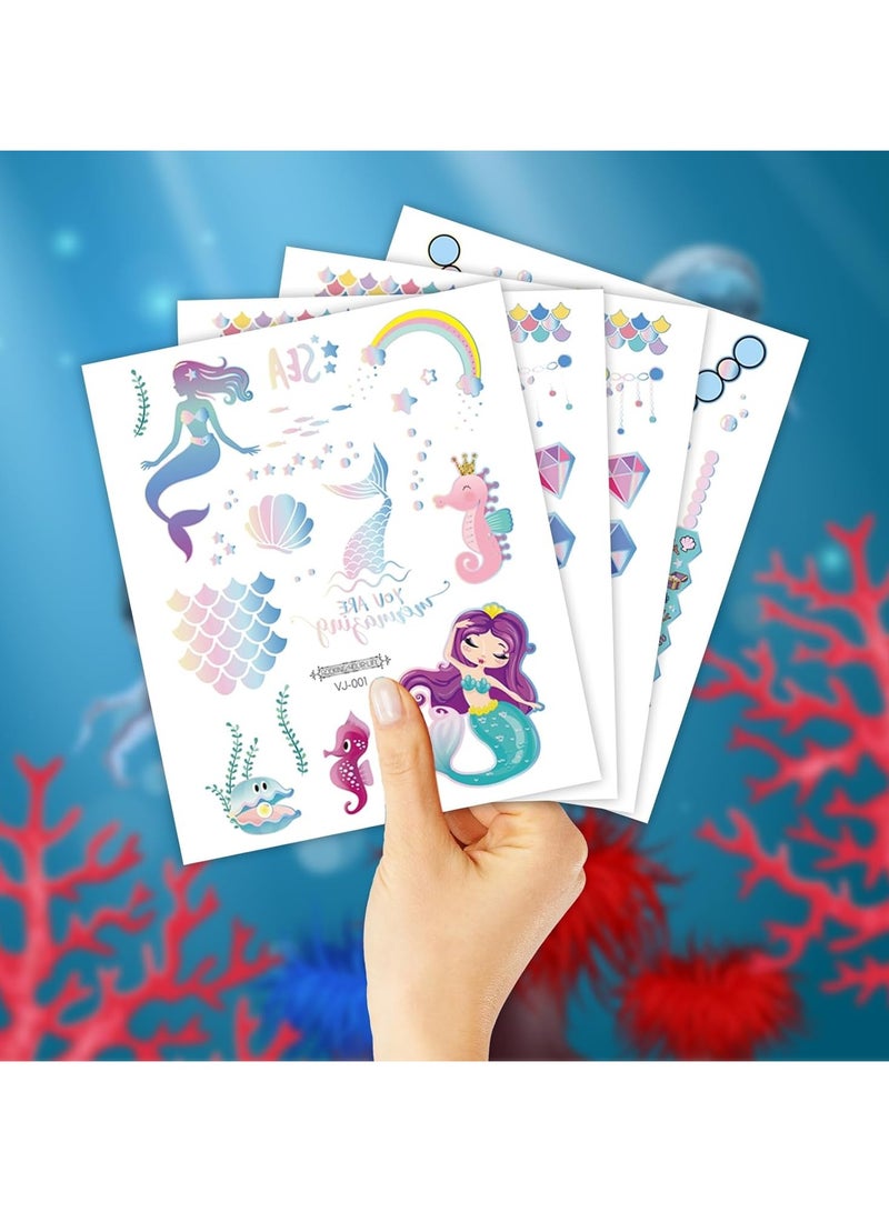قوس قزح أورينبو 12 ورقة 130+ أنماط لوازم حفلات حورية البحر وشم لامع معدني وشم مؤقت للفتيات وديكورات أعياد الميلاد على شكل حورية البحر وهدايا حفلات المحيط والألعاب والإكسسوارات - Image 3