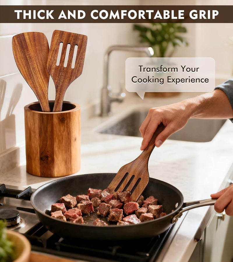 MemoGem 2Pcs Wooden Spatula, Acacia Wooden Spatula for Kitchen Use, Nonstick Cookware Safe Utensils Set including Turner and Slotted Turner, Ideal Cooking Utensils Gift Set for Cooking, Frying, Baking - Image 3