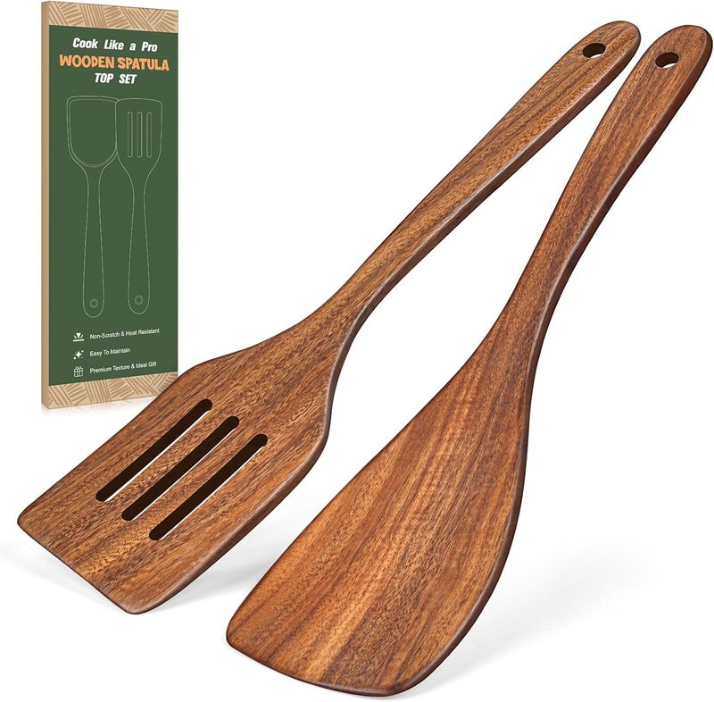 MemoGem 2Pcs Wooden Spatula, Acacia Wooden Spatula for Kitchen Use, Nonstick Cookware Safe Utensils Set including Turner and Slotted Turner, Ideal Cooking Utensils Gift Set for Cooking, Frying, Baking - Image 1