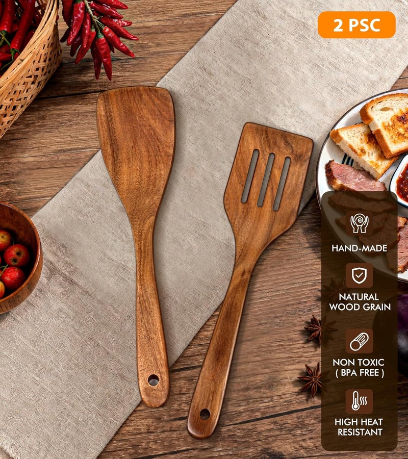 MemoGem 2Pcs Wooden Spatula, Acacia Wooden Spatula for Kitchen Use, Nonstick Cookware Safe Utensils Set including Turner and Slotted Turner, Ideal Cooking Utensils Gift Set for Cooking, Frying, Baking - Image 4