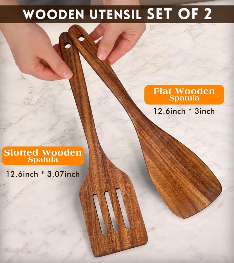 MemoGem 2Pcs Wooden Spatula, Acacia Wooden Spatula for Kitchen Use, Nonstick Cookware Safe Utensils Set including Turner and Slotted Turner, Ideal Cooking Utensils Gift Set for Cooking, Frying, Baking - Image 2