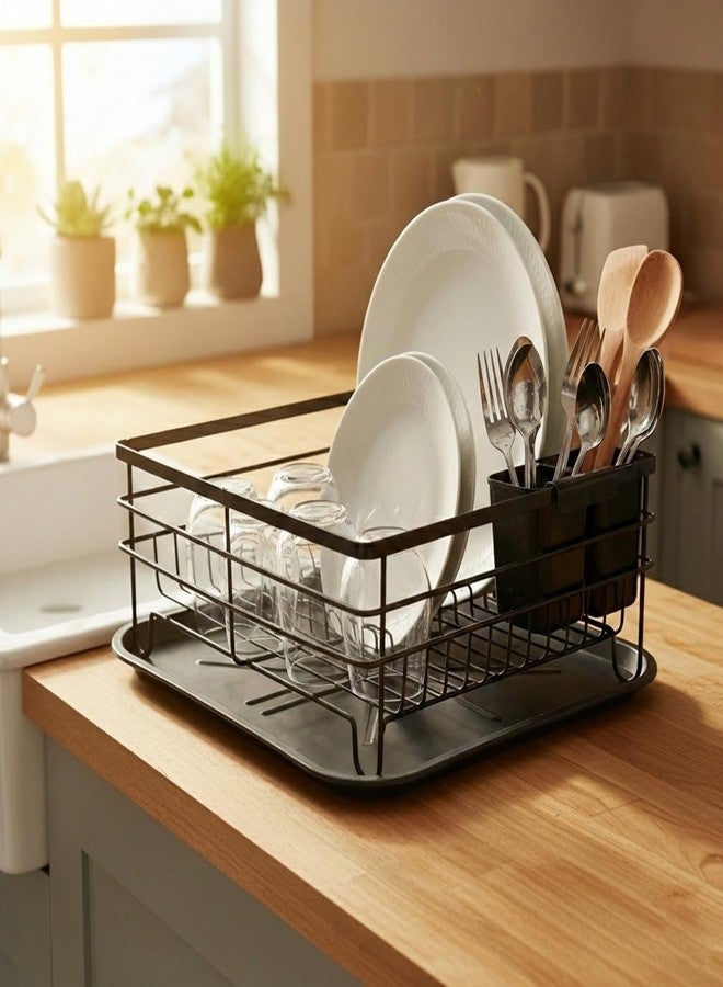 VBM Stainless Steel Dish Drying Rack Black 2 Tier with Drainboard & Cutlery Holder, Rustproof Large Capacity Kitchen Counter Dish Drainer with Auto Drain Tray, Wooden Handles Space Saving Organizer - Image 5
