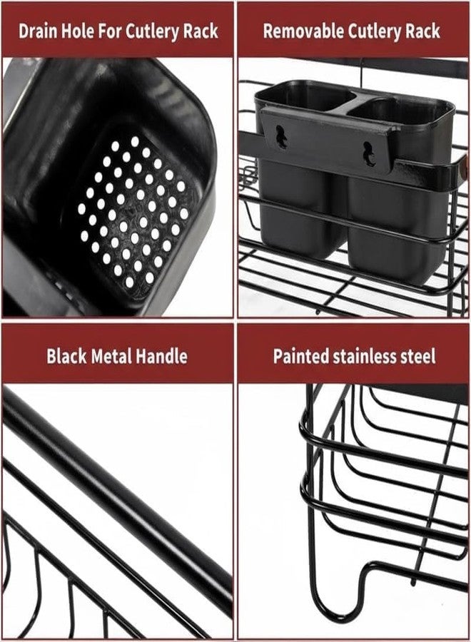 VBM Stainless Steel Dish Drying Rack Black 2 Tier with Drainboard & Cutlery Holder, Rustproof Large Capacity Kitchen Counter Dish Drainer with Auto Drain Tray, Wooden Handles Space Saving Organizer - Image 4